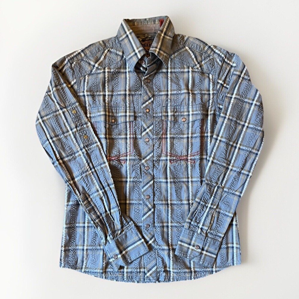 Derby Clothing Mens Medium EU 40 Western Blue Pearl‎ Snap Vintage Style